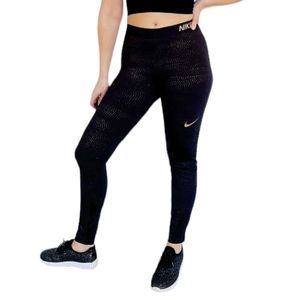 NIKE PRO black metallic gold dot print full length workout leggings size large